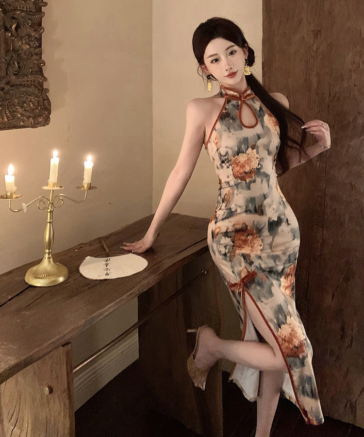 チャイナドレス ドレス 女性魅力 花柄 セクシー ホルターネック YH2-DD6257