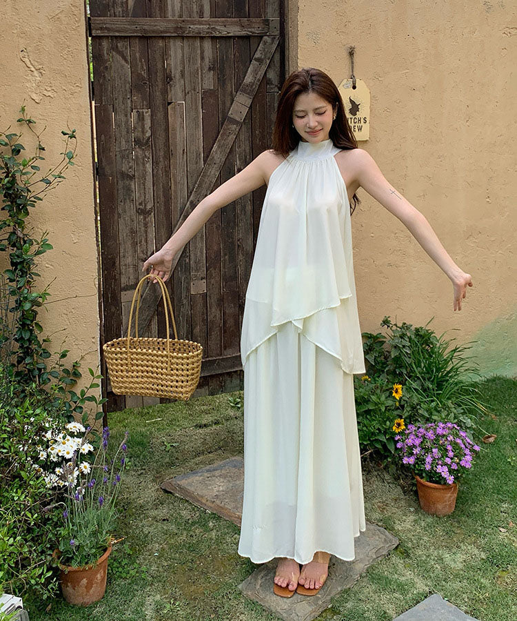 ロングドレス レディース ホルターネック ノースリーブ シフォン A