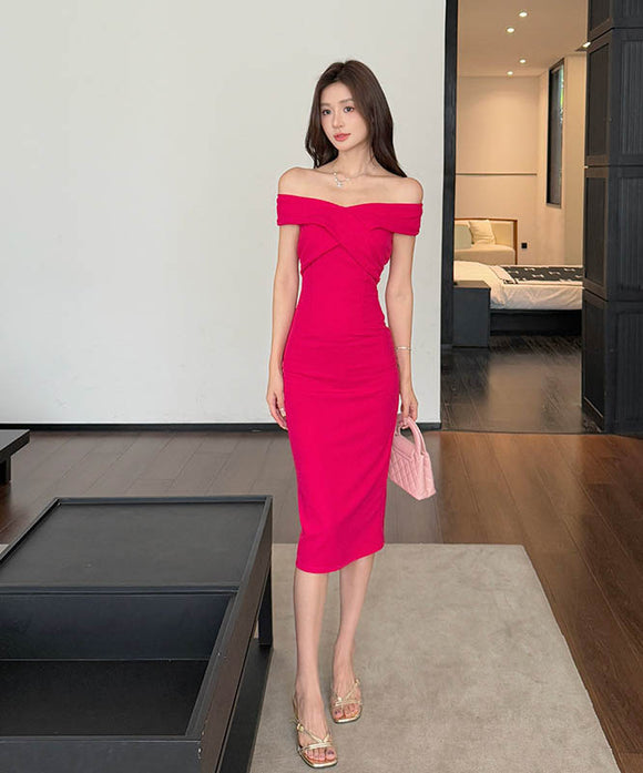 膝丈ドレスオフショルダーセクシーエレガント鮮やか大人可愛いパーティー宴会同伴WQ2-ZED889926GT347