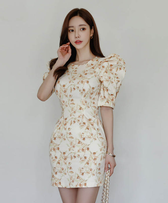 ミニドレス花柄パフスリーブエレガント韓国っぽカワセクシータイトドレスパーティーエレガント WQ2-ZED885682A71