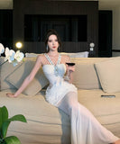 ロングドレスナイトドレスチュールダイヤモンドホルターネックセクシー宴会パーティーイベントレースマーメイドドレス WQ2-XHY919795