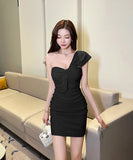 【4色】ミニドレスキャバドレスワンーショルダーセクシーリボンかわいい谷間見せ指名パーティーキャバクラ WQ2-YM8841