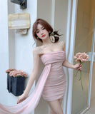 ミニドレスキャバドレス非対称チュールベアトップセクシーナイトドレス気質パーティー WQ2-DD4880