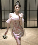 ミニドレス フレンチ エレガンス 手作りビジュー ベアトップ タイトフィット セクシー キャバドレス  プリント ショートワンピース 2024年新作 KS2-YXY808