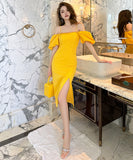 手作り 膝丈ドレス 高品質 かわいい セレブ風 おしゃれ パフ袖 YH2-JY20528