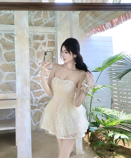 ミニドレスベアトップふわふわAラインチュールパーティードレス谷間