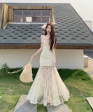 ロングドレス リゾートウェア 着痩せシルエット ホルターネック レース拼接 立体フラワープリント JC2-CD7-323-80900850