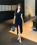 ロングドレス キャバドレス セクシー フェミニン キラキラ セレブ風 Vネック クロスヘム ボディコン ハイスリット パーティー JC2-LQE1205HF350