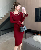 【4色】膝丈ドレス キャバドレス ビジュー付き ニット 韓国風 タイト ボディコン おしゃれ 着痩せ デート お出かけ パーティー 結婚式 JC2-ZED88643GT510D