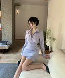 ミニドレス 長袖ブルーシャツワンピース アシンメトリータック ショート丈 秋コーデ 通勤・お出かけ用 デート 上品デザイン  JC2-DD5574