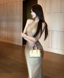 ロングドレス エレガント ノースリーブ ホルターネック 美シルエット マーメイドタイト 結婚式のお呼ばれ パーティー JC2-CD7-502-34000620