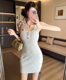 ミニドレス キャバドレス セクシー 気品 ツイード風 ニット リボンタイ タイトライン 夜会 デート JC2-MLS8424