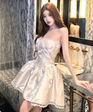ミニドレス キャバドレス セクシー エレガント ビスチェ風 フレンチ風 パフスカート ウエストマーク 高見え レース×パール装飾 パーティー JC2-DD5746
