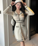 【2色】ミニドレス キャバドレス ツイード風 ニット 長袖 着痩せ バイカラー エレガント 小柄向け デート 女子会 JC2-DD5603