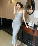 【2色】ロングドレス エレガント セクシー タイトドレス シャネル風 パールビジュー スパンコール ニット スリット入り デート 結婚式 二次会 JC2-MLS8406