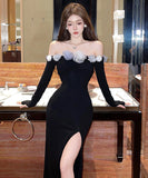 ロングドレス セクシー立体フラワーオフショルダーワンピース ハイウエスト タイトスリットドレス 長袖 ステージ衣装 パーティー JC2-DD5524
