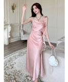 【3色】膝丈ドレス セクシー フレンチ風 ドレープネック スリット サテンキャミワンピ エレガント 花柄プリーツ バックレス パーティー 二次会 JC2-CD2-655-65480580