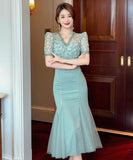 ロングドレス手作りドレス高級感レースチュールマーメイドドレスVネック小顔着痩せ気質宴会パーティー二次会高級感 WQ2-JY21099