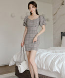 ミニドレス キャバドレス かわいい チェック 着痩せ おしゃれ パフ袖 YH2-ZED882568BH506