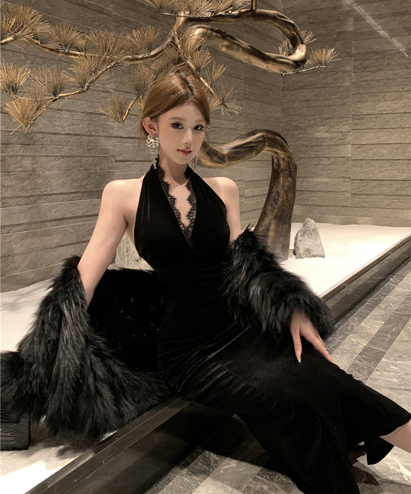 Lady's coco ロングドレス キャバドレス セクシー Vネック レーストリム バックレス ホルターネック スリット入り エレガントドレス 結婚式 二次会 披露宴 パーティー 上品 LW2-DD5925