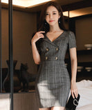 ミニドレスキャバドレスチック柄エレガントVネック小顔谷間見せ通勤エレガントタイトドレス WQ2-ZED889693A71