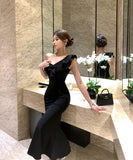 ロングドレスマーメイドドレスフリルワンショルダーセクシーエレガント宴会パーティータイトドレス WQ2-DD4816