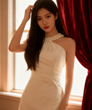 膝丈ドレス キャバドレス セクシー ギャザー ハンドメイド ノースリーブ サテン ホルターネック パール装飾 エレガント パーティー 女子会 JC2-HX250924