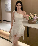 ミニドレス ワンショルダー シフォンワンピース ウエストマーク ティアードドレス KS2-CD1-119-95790620