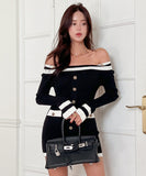 Lady's coco ミニドレス キャバドレス セクシー ニットワンピース オフショルダー バイカラー デザイン デート 女子会 LW2-DD6034