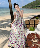 ロングドレスサンドレス花柄ホルターネックセクシー着痩せ気質ビーチ海旅行SNS話題 WQ2-XHY918009
