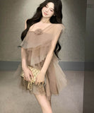 ミニドレスふわふわチュール着痩せ気質大人可愛いパーティーワンーショルダーセクシー WQ2-CD-7-529-67920700