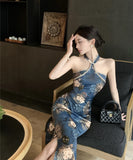 チャイナドレス ドレス 花柄 背露出 セクシー ホルターネック YH2-DD6222