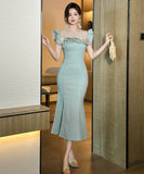 手作りドレス膝丈ドレスフリル気質マーメイドドレス宴会パーティーセレブ風フラワー高級感 WQ2-JY50935