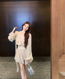 ミニドレスキャバドレスチュール袖付きエレガント通勤気質同伴Vネック小顔花柄パフスリーブ WQ2-XKD-D355-5088-Apr6