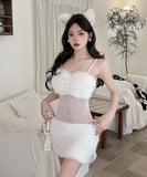 【2色】 ミニドレス キャバドレス セクシー キャミソールワンピース 透けメッシュ×フェザー切り替え タイトセクシー ドレス Vネック LW2-DD6013