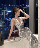 ロングドレスキャバドレスキラキラホルターネック谷間見せイベント高級感華奢感ナイトドレスセクシー誕生日パーティー宴会 WQ2-ZED883589HS109