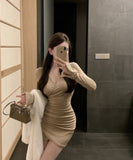 新色追加  ミニドレス  キャバドレス ミニ丈 ギャザー ウエストシェイプ 着痩せ効果 大人かわいい LW2-ZED883233DXH502