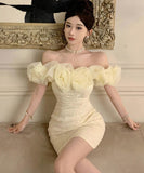 【2色】ミニドレスオフショルダーキャバドレスチュールフラワーキラキラ宴会パーティーナイトクラブ WQ2-ZED888619DXH238A