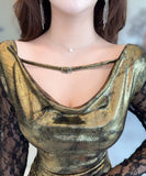 【3色】ミニドレス キャバドレス セクシー スパンコール  タイトワンピース Vネック レース切り替え メタリック風 ストレッチ素材  着痩せ LW2-DD5838