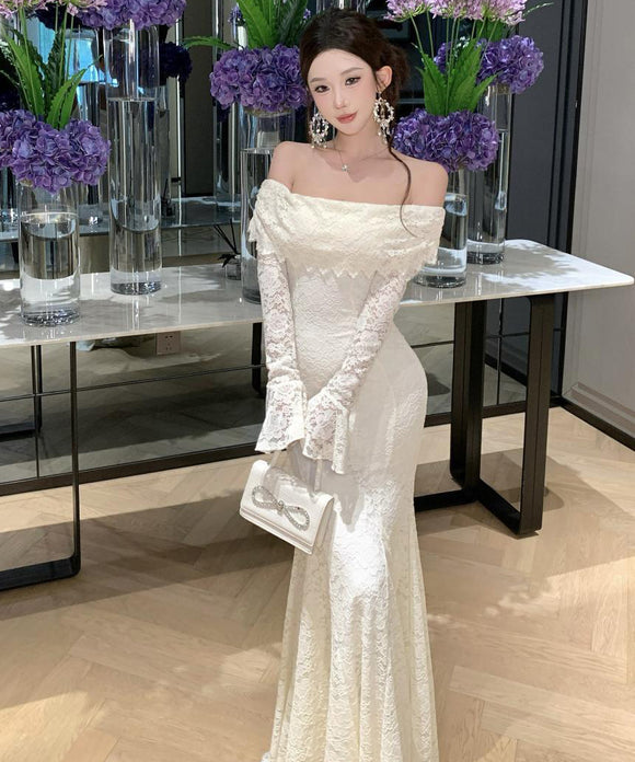 Lady's coco ロングドレス キャバドレス フレンチスタイル オフショルダー レースドレス タイト ウエストマーク 上品 セクシー 秋冬新作 LW2-CD7-238-87130600