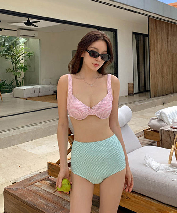 水着ビキニハイウエストチック柄セクシーモノキニタンキニビーチ海温泉SNS話題着痩せ体型カバー WQ7-FH-qing003