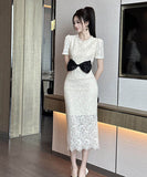 手作りドレスロングドレス膝丈ドレスレースリボン着痩せ気質宴会パーティー二次会セレブ風高級感 WQ2-JY21675