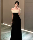 Lady's coco ロングドレス キャバドレス セクシー フレンチ風 ブラック×ホワイト バイカラー ワンショルダー ワンピース 上品ドレス デート 女子会 二次会 披露宴 パーティー LW2-XHY919306