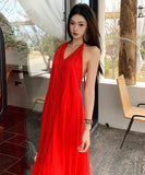 ロングドレスホルターネック体型カバー着痩せ気質旅行バックレスドレス旅行サンドレス WQ2-CD6-601-82750580