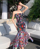 2色ロングドレスベアトップセクシーマーメイドドレス花柄着痩せ気質谷間見せ旅行フリル WQ2-XHY915721