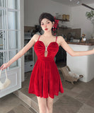 【2色】 ミニドレス キャバドレス セクシー 谷間魅せ Vネック ベルベット タイトキャミワンピース ウエストマーク パーティー 指名 LW2-DD5932