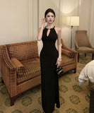 ロングドレスキャバドレスキラキラホルターネックセクシー高級感宴会パーティー誕生日谷間見せ気質 WQ2-DD4159