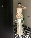 【2点セット】 ロングドレス キャバドレス セクシー アシンメトリー ホルターネック トップス×マーメイドスカート セットアップ エレガントスタイル LW2-XHY918259