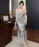 ロングドレスキラキラキャバドレスベアトップセクシー高級感誕生日パーティー宴会マーメイドドレス WQ2-DD4299