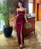 Lady's coco ロングドレス キャバドレス  セクシー ベロア キャミワンピース スリット入り 上品セクシー ハイウエスト ドレス  結婚式 二次会 披露宴 パーティー 上品 LW2-DD5946